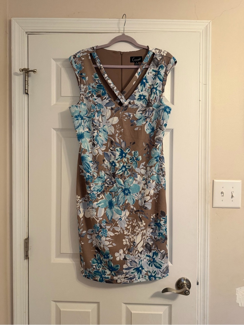 connected apparel Taupe Sheath Dress with Teal Floral Print
